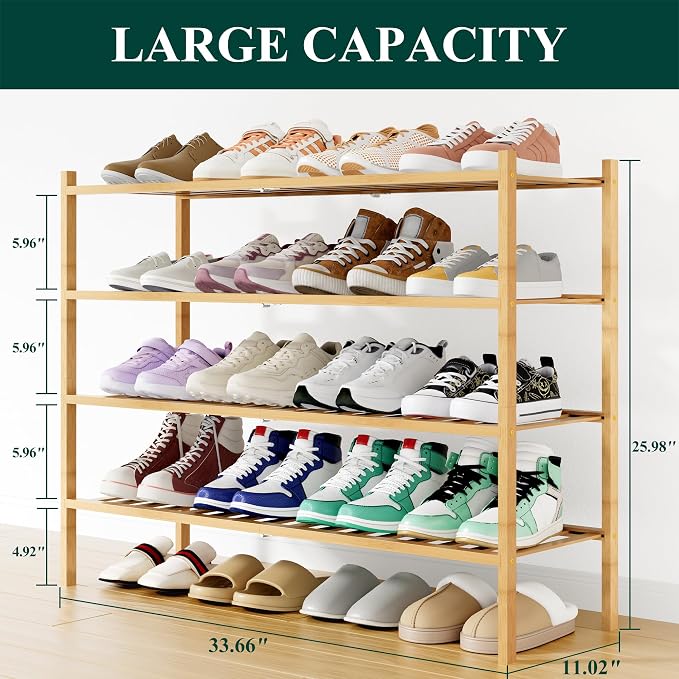 Smiry Shoe Rack, 4 Tier Long Bamboo Shoe Organizer, Stackable Free Standing Wooden Shoe Storage Shelf for Closet, Entryway, Front Door Entrance, Natural - Image 2