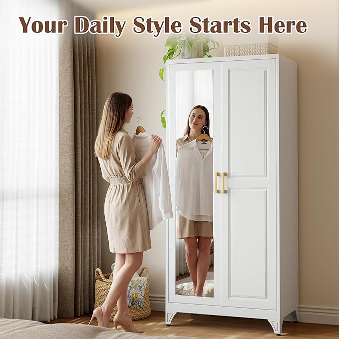 SteeLoong Metal Wardrobe Cabinet with Hanging Rod, 71" Tall Armoire Wardrobe Closet with 2 Mirror Doors and Adjustable Shelves, White Clothing Storage Cabinets for Bedroom, Laundry Room