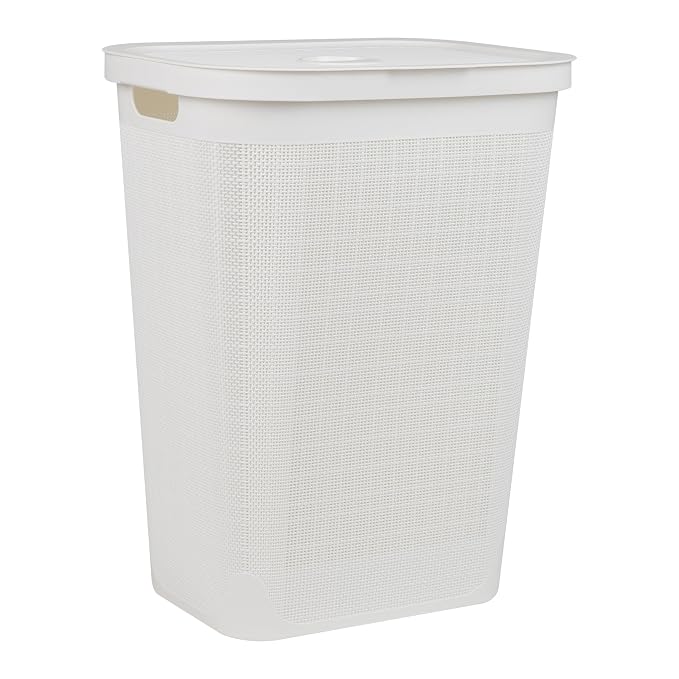 Mind Reader 60L Slim Laundry Hamper, Clothes Basket, Lid, Linen Design, Plastic, White - Image 7