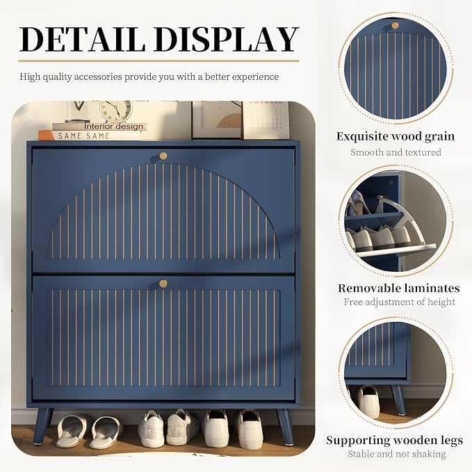 Fsbecl Shoe Storage Cabinet for Entryway with 2 Flip Drawers, Narrow Wood Shoe Cabinet with Fluted Panel, Freestanding Hidden Shoe Organizer for Foyer, Hallway (Blue - with Shelf) - Image 4
