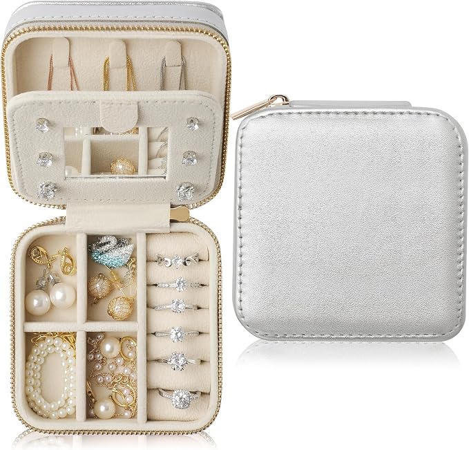 Genuine Leather Travel Jewelry Case Organizer with Mirror for Women, Small Jewelry Box Portable Mini Jewelry Case for Earring, Ring, Necklace, Bracelet(Silver) by NGVRC