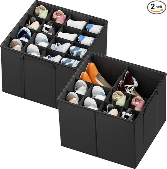 SpaceAid Shoe Organizer for Closet, 2 Pack Foldable Shoe Storage Containers Baskets Boxes Bins w/Adjustable Dividers, Fits 16-32 Pairs, Black by SpaceAid