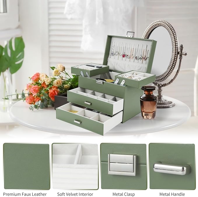 Dajasan Jewelry Organizer Box, Large Jewelry Boxes for Women Girls, Space-Saving 4 Layers Jewelry Storage Case with Drawer, Movable Metal Stand, Modern, Gift Idea (Green) - Image 6