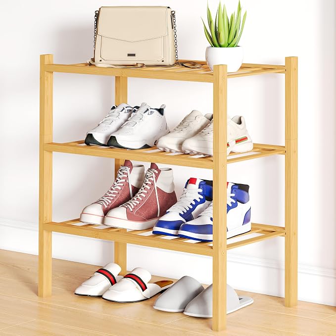 Smiry Shoe Rack, 3 Tier Small Bamboo Shoe Organizer, Stackable Free Standing Wooden Shoe Storage Shelf for Closet, Entryway, Front Door Entrance, Natural by Smiry
