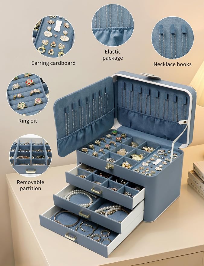KAMIER Jewelry Boxes for Women, 4 Layer Jewelry Organizer with Mirror, 3 Drawers, Large Jewelry Box for Bracelets, Earrings, Rings, Necklaces, Mothers Day Gifts for Loved One, Bluish Grey - Image 2