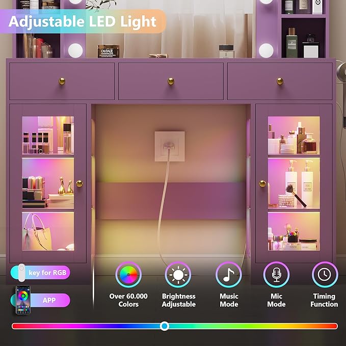 HUANLEGO Purple Vanity Desk with Mirror and Lights, Glass Top Vanity with Lighted Mirror & RGB Glass Cabinet and 3 Drawers, Makeup Desk with Lights Dressing Table for Bedroom, 3 Color Modes