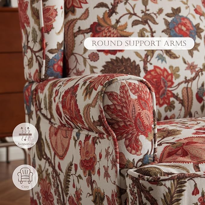 MELLCOM Floral Accent Chair, High Back Upholstered Armchair with Solid Legs, Leisure Single Sofa Chair for Living Room, Bedroom, Home Office, Red Floral