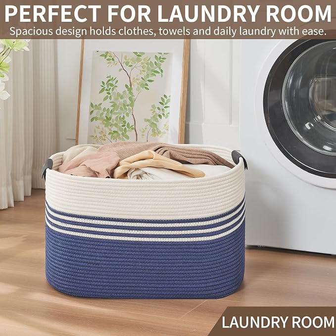 AINUOQI Laundry Basket with Handles - Blanket Basket & Hampers for Bedroom Aesthetic, Laundry Hamper & Blanket Storage for Living Room, Clothes Hamper, Tall, Large 21.7" x 16.9" x 11.8”, Blue - Image 5