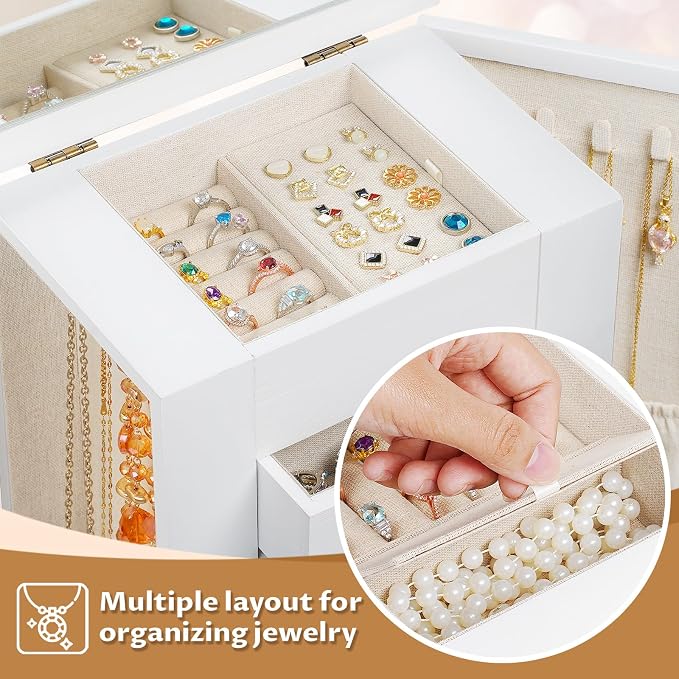 Emfogo Jewelry Box for Women, 5 Layer Large Wood Jewelry Boxes & Organizers for Necklaces Earrings Rings Bracelets, Rustic Jewelry Organizer Box with Rattan, Drawers and Mirror(Vintage White) - Image 4