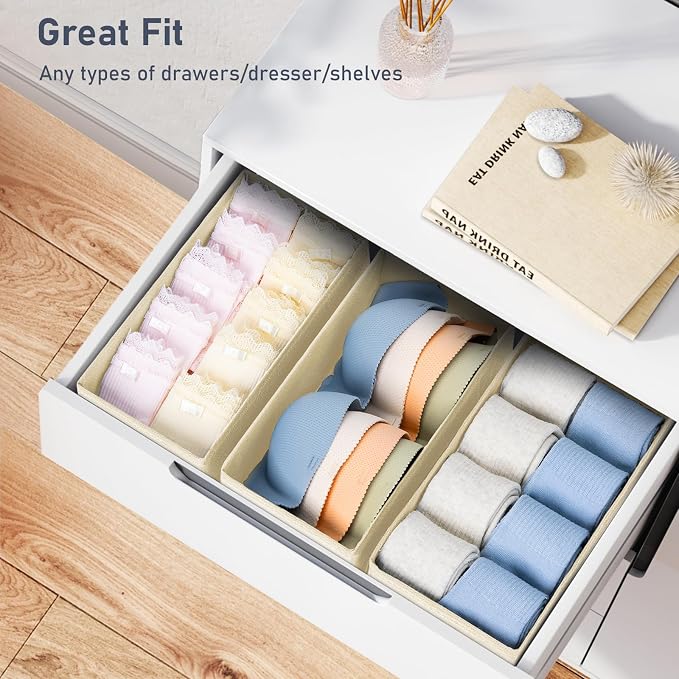 DIMJ Drawer Organizer Clothes - Underwear Organizer Small Sock Organizer Closet Organizers and Storage Box Dresser Drawer Dividers for Baby Clothes,Bra,Socks, Belt, Tie, Set of 6,Beige - Image 4