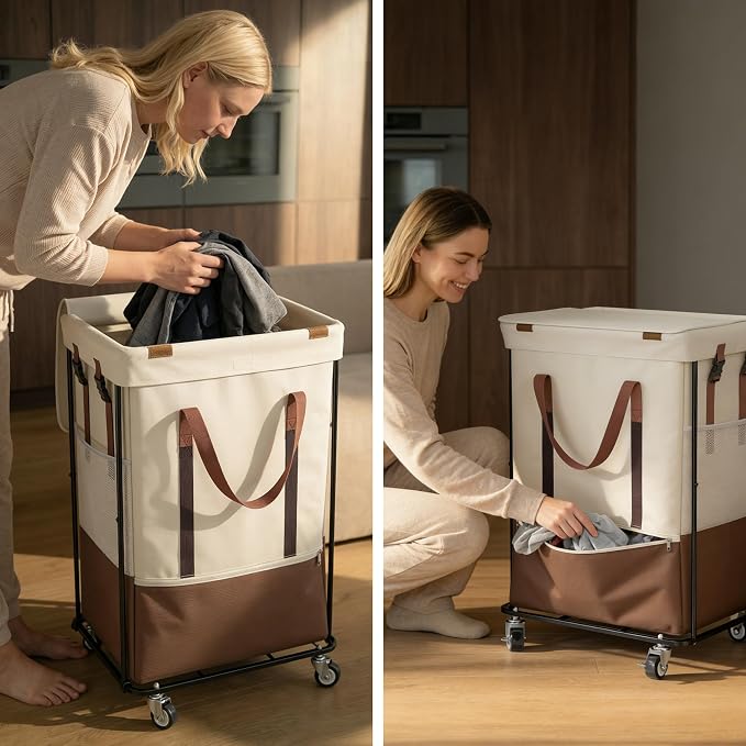 Double Laundry Hamper with Lid, Rolling Laundry Basket with Wheels and 2 Removable 75L Bags, 2 Section Large Capacity for Laundry Bedroom Bathroom Dorm, Easy Move & Organize,150L White - Image 4