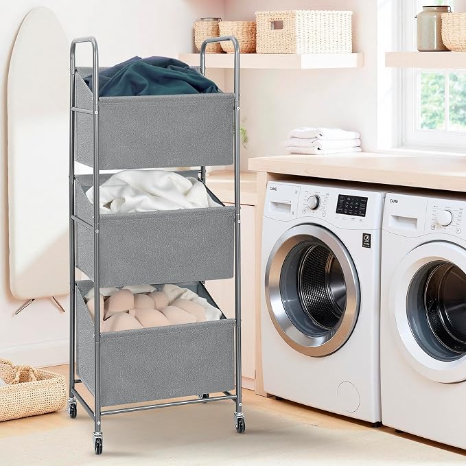 STO STO 3-Tier Vertical Rolling Laundry Hamper with Removable Bags, 120L Stackable Laundry Sorter Basket, Clothes Hamper with Wheels for Small Spaces, Closet, Bedroom, Bathroom, Laundry Room, Gray - Image 7