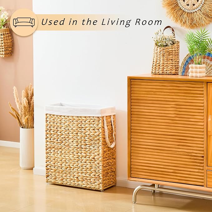 Handwoven Slim Laundry Hamper, 75L Narrow Laundry Basket, Natural Water Hyacinth Basket and Handles and Removable Liner Bag & 2 Mesh Bags (Natural, 75L) - Image 5