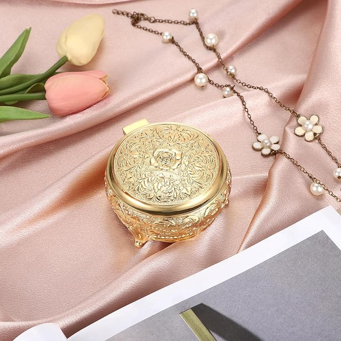 Hipiwe Vintage Metal Jewelry Box Different Shape- Small Antique Ring Earrings Necklace Storage Organizer Case Metal Treasure Chest Trinket Keepsake Gift Box - Image 7
