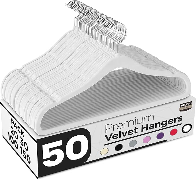 Utopia Home Velvet Hangers 50 Pack – Luxury Non-Slip Slim Pant & Coat Hangers, Strong Space-Saving Clothes Hangers with Pants Bar and 360° Swivel Hook – White by UTOPIAHOME