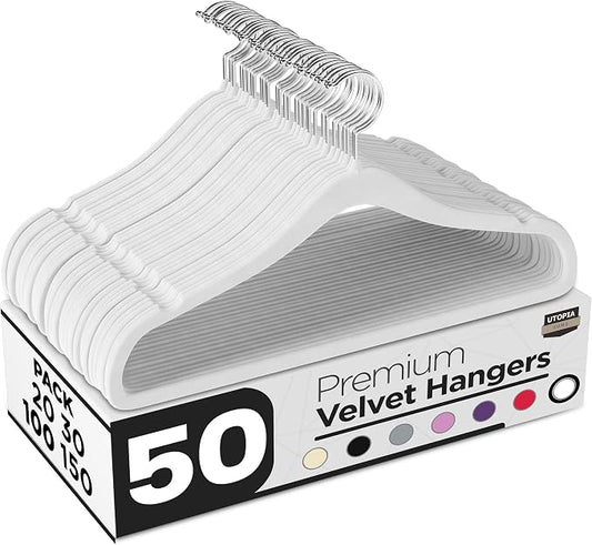 Utopia Home Velvet Hangers 50 Pack – Luxury Non-Slip Slim Pant & Coat Hangers, Strong Space-Saving Clothes Hangers with Pants Bar and 360° Swivel Hook – White by UTOPIAHOME