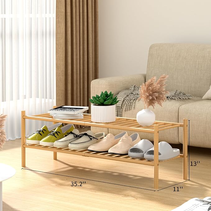 ROMGUAR CRAFT 2-Tier Bamboo Long Shoe Rack, Free Standing Wood Shoe Shelf Storage Organizer for Closet Entryway Stackable 35"x11"x13" (Natural) - Image 3