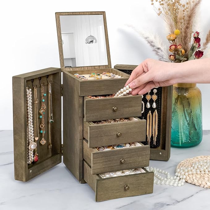 Meangood Jewelry Box Wood for Women, 5-Layer Large Organizer Box with Mirror & 4 Drawers for Rings, Earrings, Necklaces, Vintage Style, Weathered Grey - Image 6