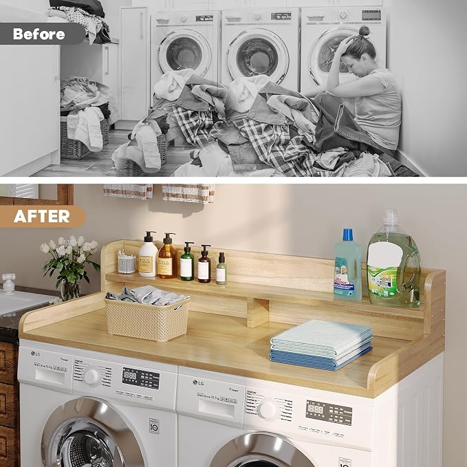 2-Tier Washer Dryer Countertop with 2.75" H Edge Rails, 58" W x 28" D Laundry Countertop for Folding Clothes, Washer and Dryer Topper with Non-Slip Pad (Pure Wood Color) - Image 7