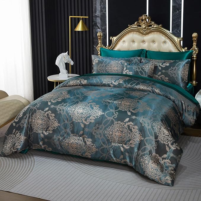 Green Jacquard Queen Comforter Set Sheet Set Elegant Bedding Set 8 Pcs Embroidery Neoclassical Floral Pattern Bed Home Decor Soft Down Comforter Luxury Hotel Silky Bed in a Bag with 1 Cushion Cover