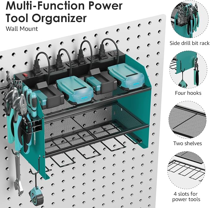 CCCEI Modular Power Tool Organizer Wall Mount with Charging Station. Garage Drill Storage Shelf with Hooks, Heavy Duty Rack, Tool Battery Holder Built in 8 Outlet. Gift for Men. Navy Blue, 2 Pack. - Image 5