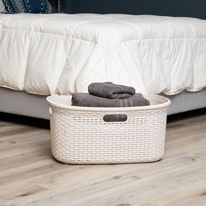 Mind Reader 40L Laundry Basket, Clothes Hamper, Premium Wicker Design, Plastic, Set of 2, Ivory - Image 5