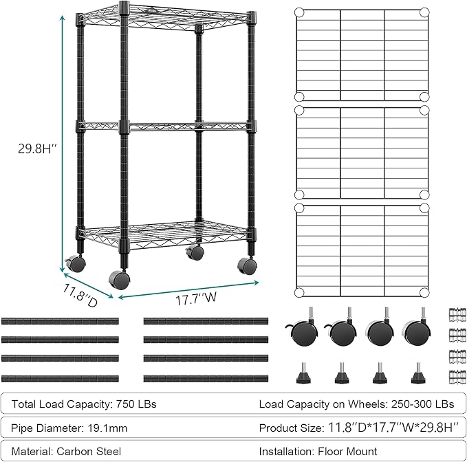 M MZG 3 Tier Shelf Metal Storage Shelves Wire Rack Closet Organizers with Wheel for Garage Kitchen Bathroom Laundry Black 11.8" D x 17.7" W x 29.8" H - Image 3