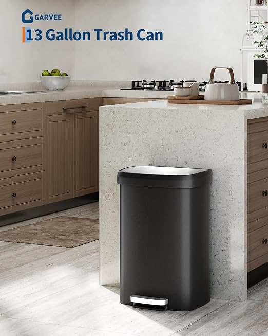 Garvee 13 gal / 50 L Plastic Trash Can with Lid, Large Garbage Can for Kitchen, Rustproof Step-on Kitchen Trash Bin with Liner Rim, Rear Handle, Soft Close Lid, Black - Image 2