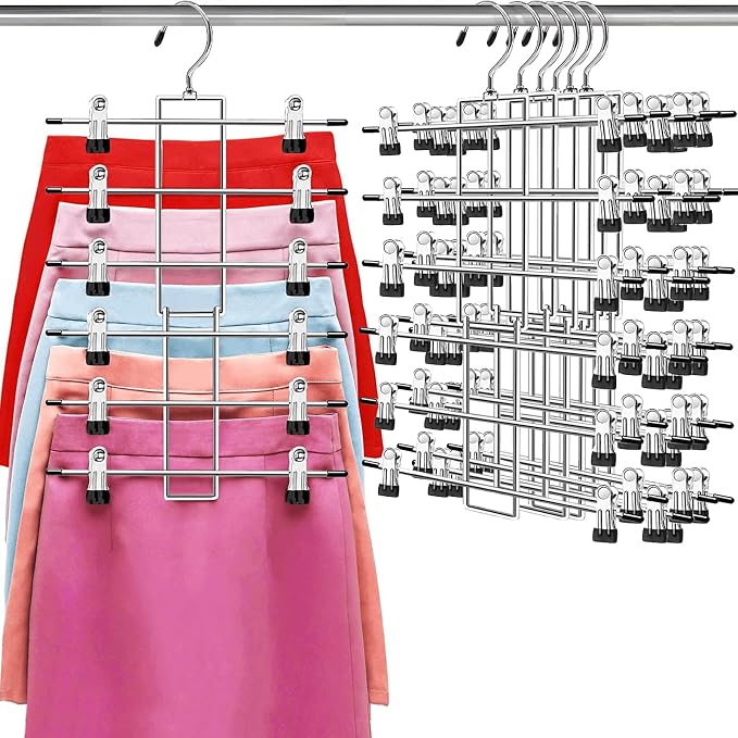 Pants Hangers with Clips,Space Saving Hanging Closet Organizer-6 Tiers Skirt Hangers with 360° Swivel Hook,Closet Organizer-Clothes Hangers- College Dorm Essentials Apartment Essentials- 6 Pack by Lumigens