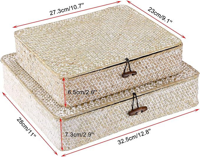 Hipiwe Set of 2 Flat Woven Wicker Storage Bins with Lid Natural Seagrass Basket Boxes Multipurpose Home Organizer Bins Boxes for Shelf Organizer (Whitewash) - Image 6