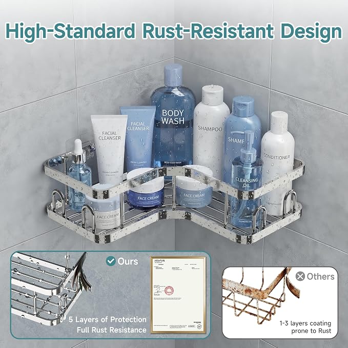 Veken Corner Shower Caddy 5-Pack, Advanced Rustproof Design, No Drilling Adhesive Shelves, Rack with Soap Holder, Large Capacity Bathroom Organizers and Storage, Wall-Mounted Kitchen&Home Decor,Silver - Image 2