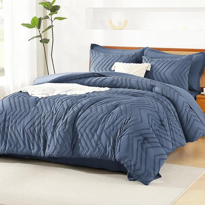 Litanika California King Size Comforter Set with Sheets Ocean Blue - 7 Pieces Bed in a Bag Cal King Chevron Tufted Complete Bedding Sets with Comforter, Sheets, Pillowcases & Shams