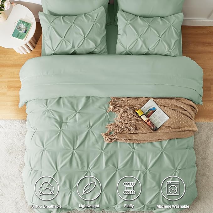 CozyLux Twin Comforter Set with Sheets Sage Green, 5 Pieces Pintuck Bed in A Bag, Twin Bed Set Gift for Family, Pinch Pleat Bedding Set with Comforter, Sheets, Pillowcase & Sham