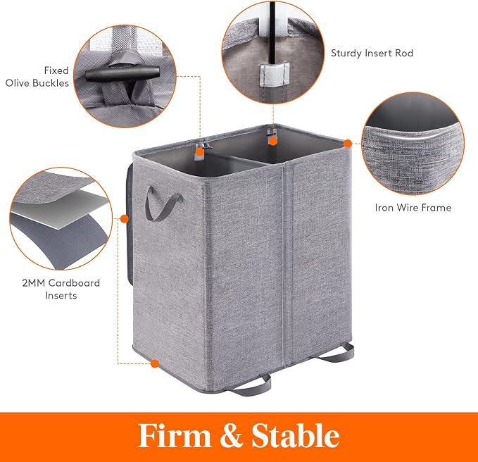 Lifewit Double Laundry Hamper with Lid and Removable Laundry Bags, Large Collapsible 2 Dividers Dirty Clothes Basket with Handles for Bedroom Laundry Room Closet Bathroom College, 155L Grey - Image 2
