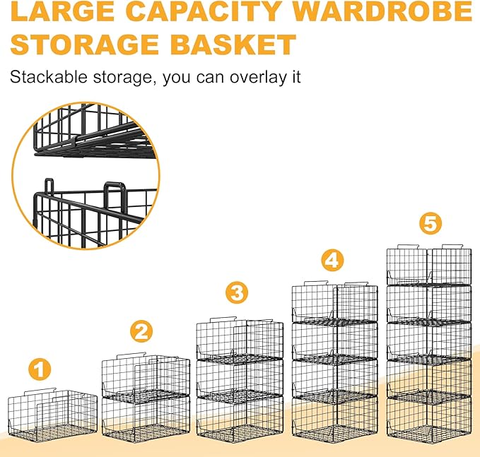 Jakyitvi 5-Tier Stackable Closet Organizer Shelf – Foldable Metal Storage Bins for Clothes, Sweaters & Towels | Stylish Black Wire Baskets for Bedroom, Wardrobe, Dorm or Entryway - Image 4