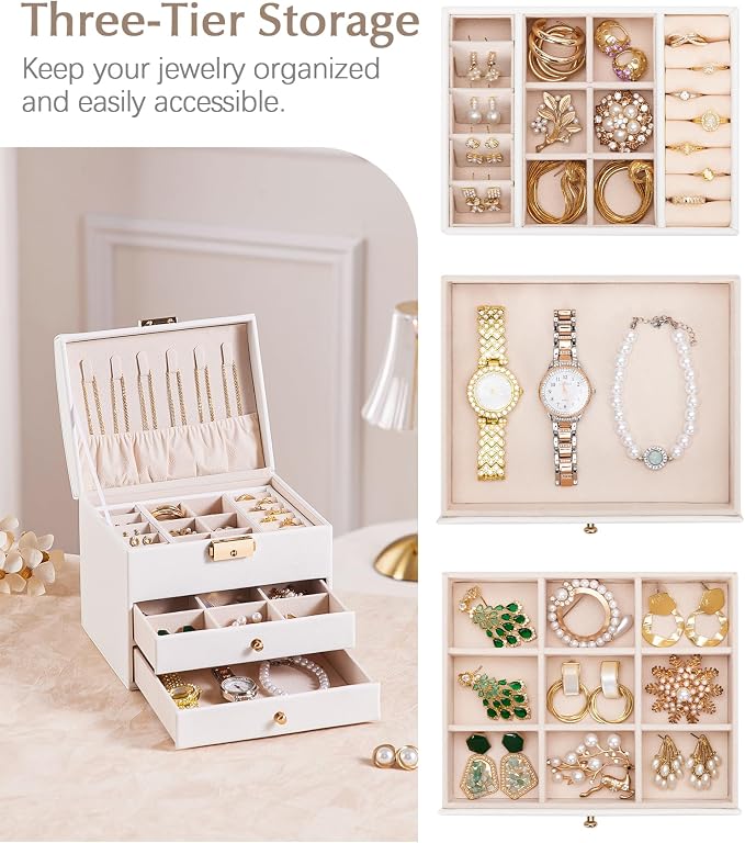 Homde Mothers Day Gifts Small Girls Jewelry Box with Lock: 3 Layer Organizer with Removable Tray - Storage for Ring Necklace Earring - Birthday & Return Gifts for Young Women (Cloud White) - Image 5