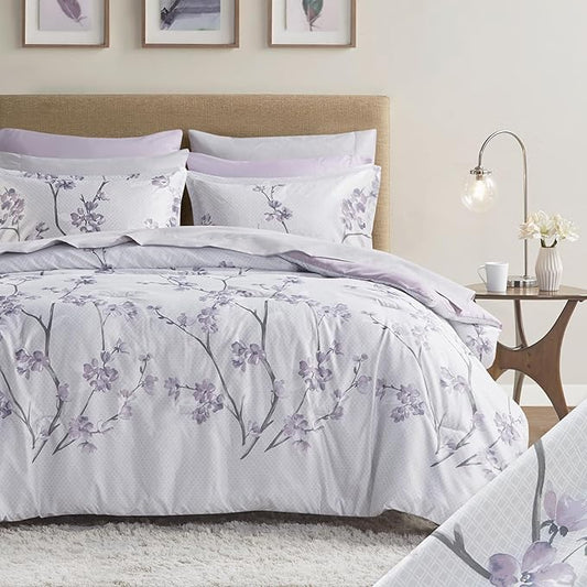 Comfort Spaces Bed in A Bag - Trendy Casual Design Cozy Comforter with Complete Sheet Set with Side Pocket, All Season Cover, Matching Shams Full(80"x90"), Kate, Grey/Purple 9 Piece, Cottage
