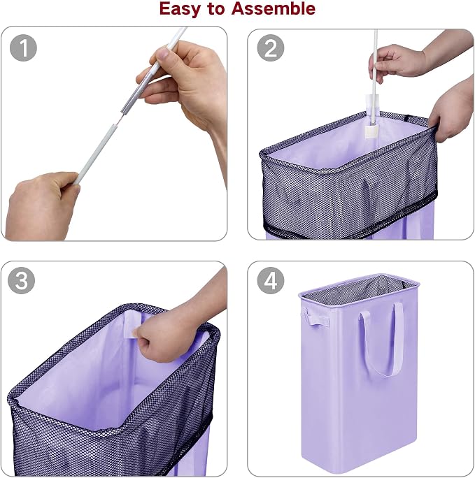 efluky Slim Laundry Basket, Narrow Laundry Hamper with Handles, Collapsible Dirty Clothes Hamper, Tall Laundry Bin for Laundry Room, Dorm and Bedroom, 12.7 Gallons(48L) Light Purple - Image 6