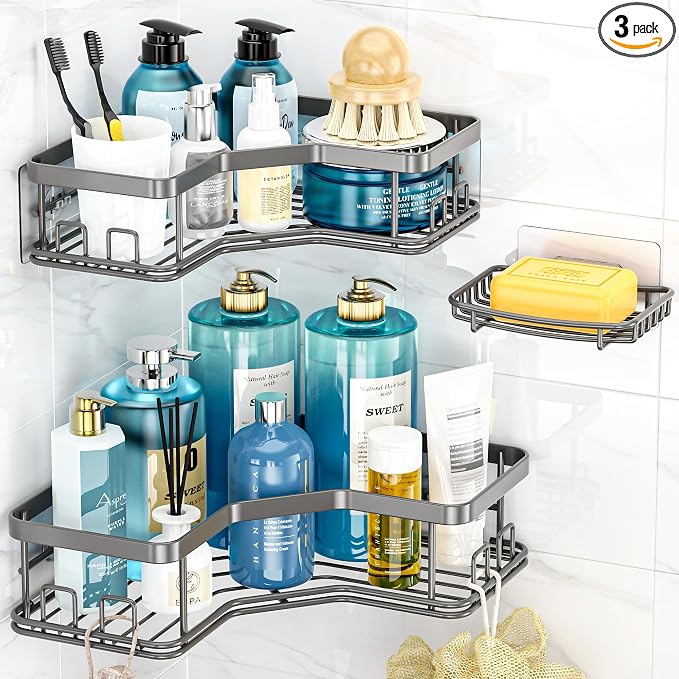 MAXIFFE 3 Pack Corner Shower Caddy with Soap Holder, Large Capacity Sturdy Easy Install No Drilling Stainless Steel Hold 40 LBS Shower Organizer Shelves Rack Storage for Family Renters Bathroom, Grey by MAXIFFE