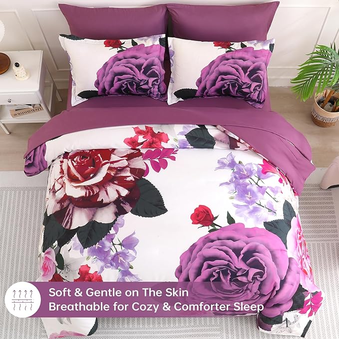 Drucon Purple Floral Comforter Queen Size 7 Pieces Bedding Sets Bed in a Bag, Botanical Floral Comforter with Sheet Set, Soft Microfiber Bedding Set for All Season(Purple, 90"x90")