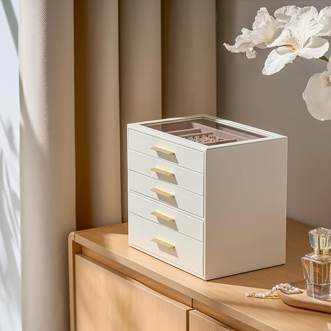 pickpiff Jewelry Box Organizer Case for Women: 5-Layer Jewelry Storage Case with Glass Window, Ivory Leather with Pink Velvet, Holder for Ring Necklace Bracelet Brooch Watch, Great Gift for Her - Image 7