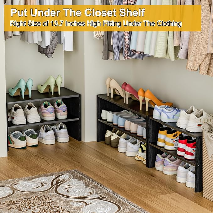 Black Shoe Rack Organizer for Closet, 2-Tier Expandable Shoe Shelf, Stackable Iron Wood Combination Small Shoe Racks Shelves for Closets, Entryway,Small Space,Hallway,Garage,6-12 Pairs - Image 8