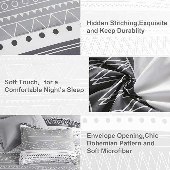 WONGS BEDDING Queen Comforter Set 7 Pieces, Boho Grey White Geometric Striped Comforter for Queen Bed in a Bag, Soft Microfiber Bedding Set with Pillowcases, Flat Sheet, Fitted Sheet, Pillow Shams