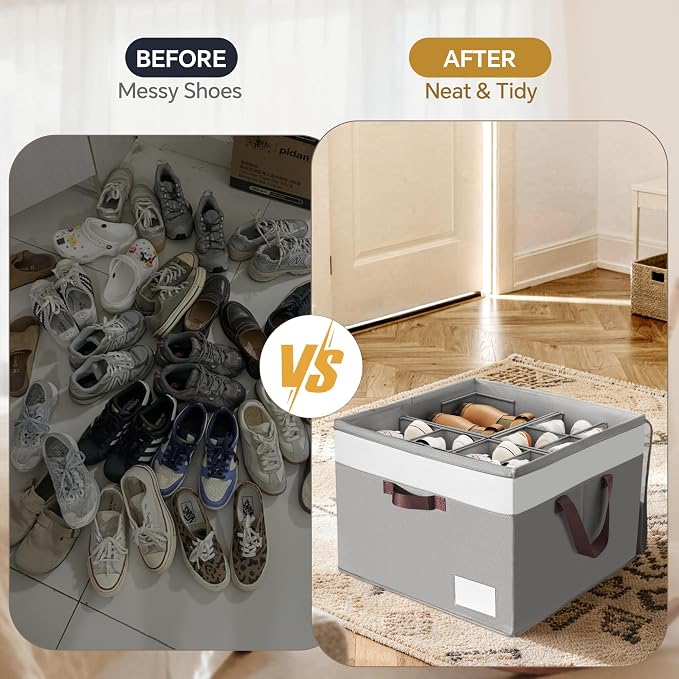 Criusia Shoe Organizer for Closet, 2 Pack Foldable Shoe Storage Organizer Box Bin with Adjustable Dividers and Clear Cover, Closet Shoe Storage for Sneakers Sandals Boots, Fit 16-32 Pairs, Gray - Image 2