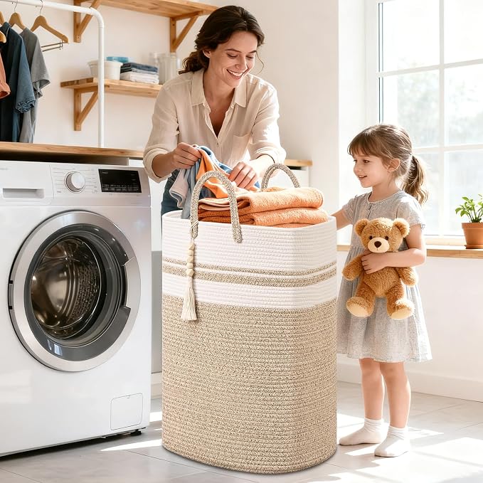 Woven Laundry Basket for Clothes, 80 L Large Rectangle Laundry Hampers with Beads Tassel, Nursery Storage Basket for Toys, Tall Dirty Clothes Hamper for Bedroom Aesthetic, Laundry Room Organization - Image 2