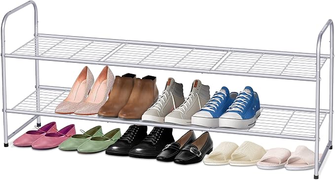 KEETDY 2-Tier Long Shoe Rack for Closet Shoe Organizer for Entryway, Metal Stackable Shoe Storage Shelf for 18 Pairs Sneakers with Strong Wire Grid, Gray by KEETDY