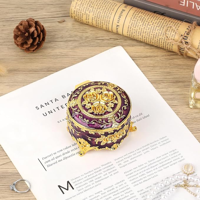 Hipiwe Vintage Jewelry Box Small Trinket Storage Organizer Box Gold Metal Chest Ring Case Treasure Chest Round Keepsake Boxes for Earrings Necklace Gift for Women,Purple - Image 3