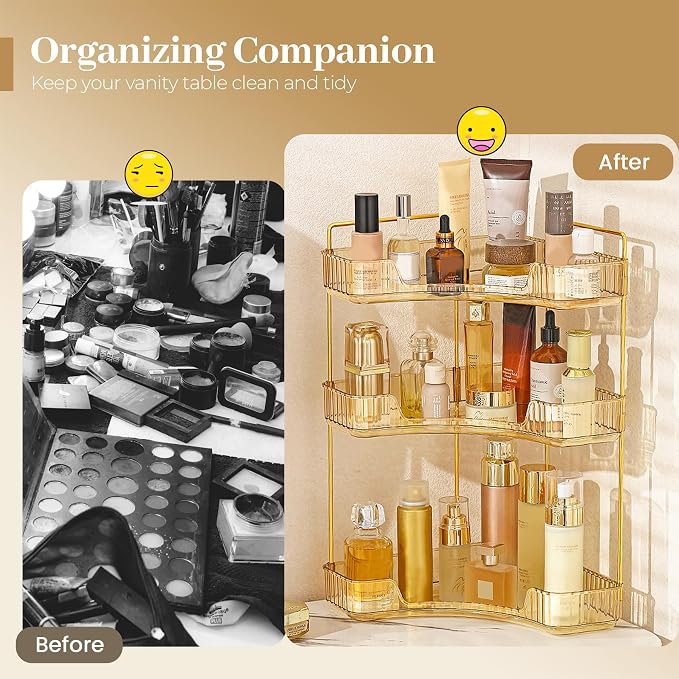 Aveniee Corner Bathroom Counter Organizer, Bathroom Countertop Shelf Makeup Organizer for Vanity Perfume Tray for Corner Storage (3 Tiers, Gold) - Image 5