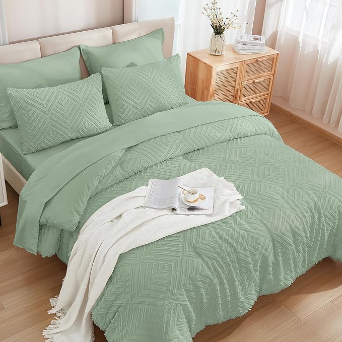 Andency Super King Plus Comforter Set Sage Green - 7 Pieces Bed in a Bag Oversized King Bedding Sets, Boho Tufted Lightweight Fluffy Bed Set with Comforter, Sheets, Pillowcases & Shams