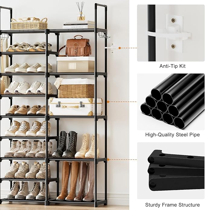 WOWLIVE 9 Tiers Shoe Rack Shoe Storage Shoe Organizer 30-35 Pairs Shoe Tower Unit Shelf Durable Metal Pipes with Plastic Connectors Stackable Cabinet Black(SSS2B9) - Image 7
